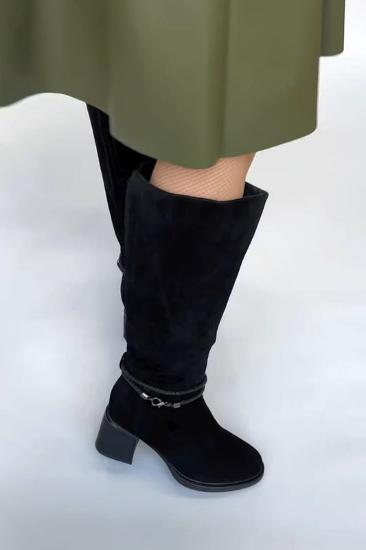 Black Suede Slouch Knee-High Boots With Block Heel