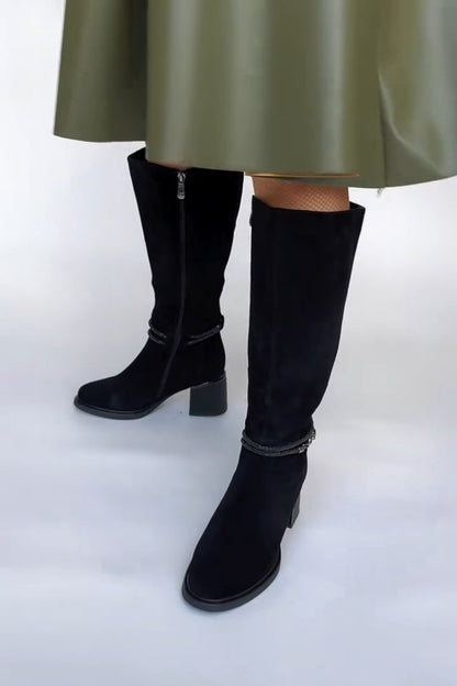 Black Suede Slouch Knee-High Boots With Block Heel