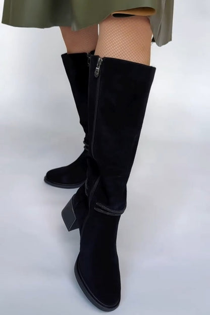 Black Suede Slouch Knee-High Boots With Block Heel
