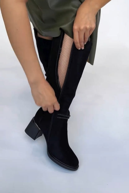 Black Suede Slouch Knee-High Boots With Block Heel