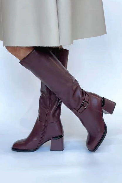 Burgundy Leather Block-Heel Knee-High Boots