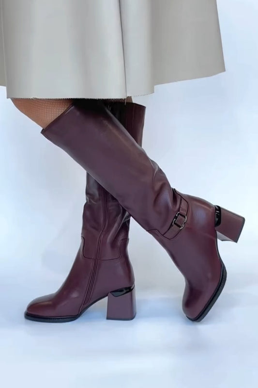 Burgundy Leather Block-Heel Knee-High Boots