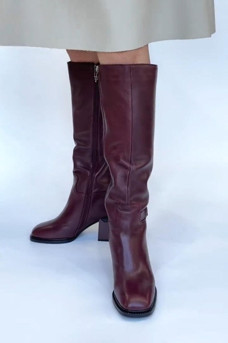 Burgundy Leather Block-Heel Knee-High Boots