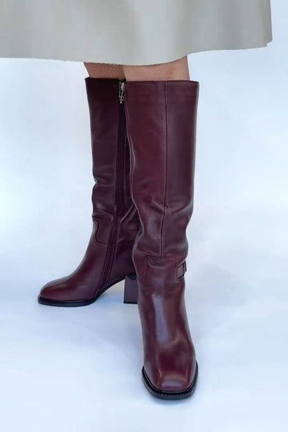 Burgundy Leather Block-Heel Knee-High Boots