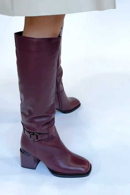 Burgundy Leather Block-Heel Knee-High Boots