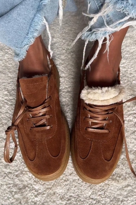 Brown Suede Lace-Up Boots With Shearling