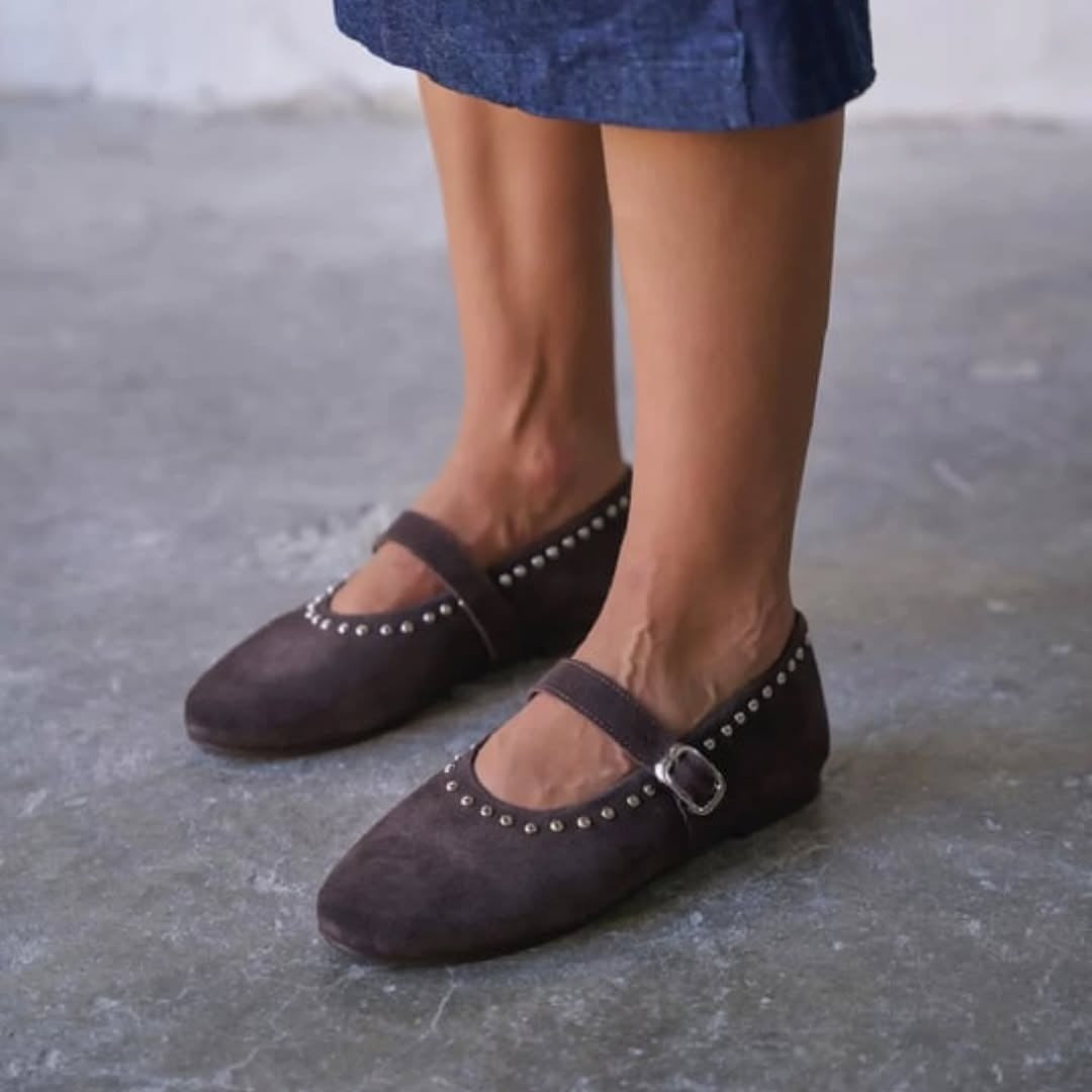 Taupe Studded Mary Janes With Strap