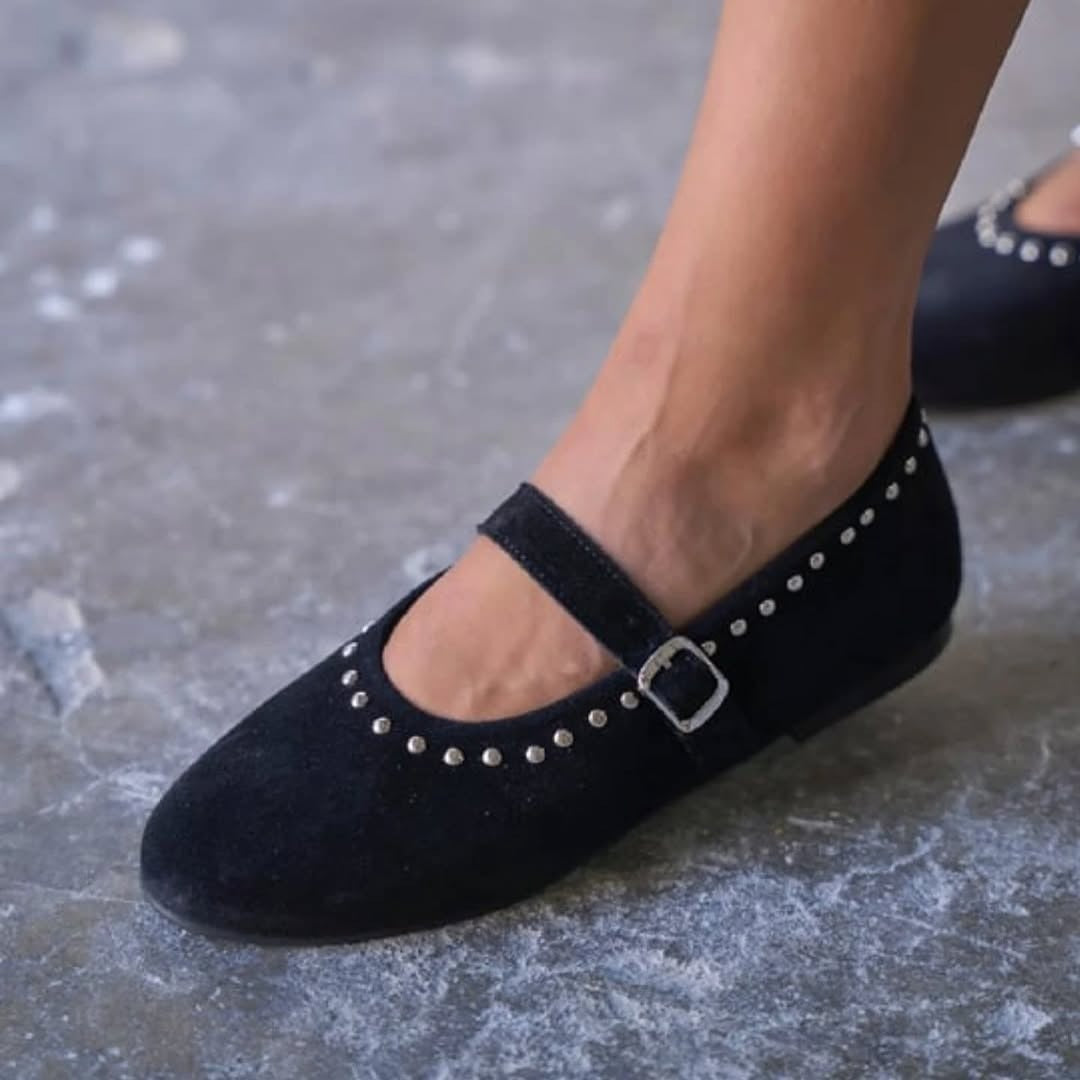 Taupe Studded Mary Janes With Strap
