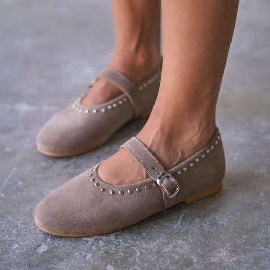 Taupe Studded Mary Janes With Strap
