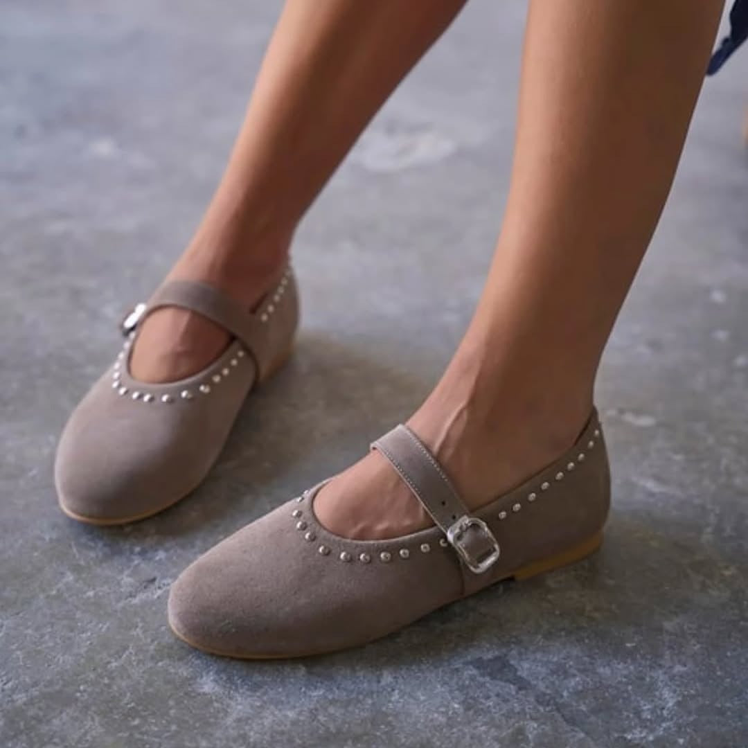 Taupe Studded Mary Janes With Strap