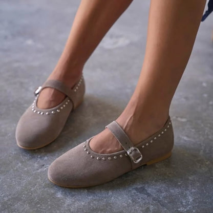 Taupe Studded Mary Janes With Strap