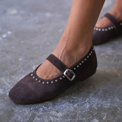 Taupe Studded Mary Janes With Strap