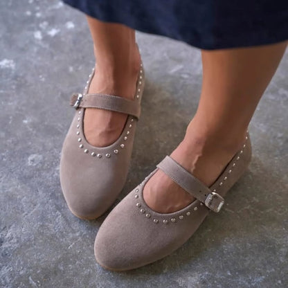 Taupe Studded Mary Janes With Strap