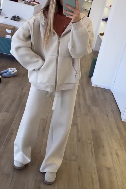 Cream Cozy Lounge Set With Zip Hoodie