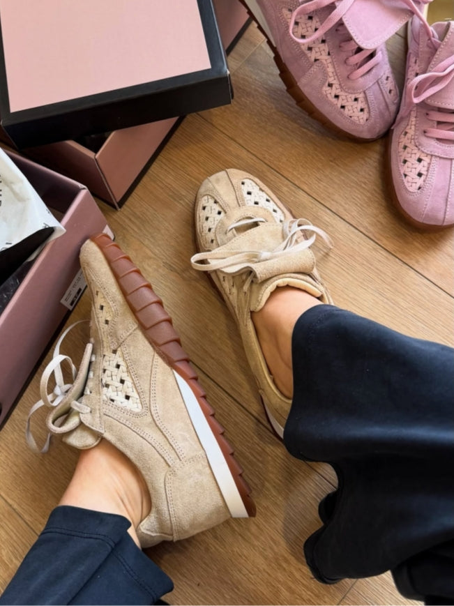 Pink Lace-Up Casual Shoes With Woven Detailing