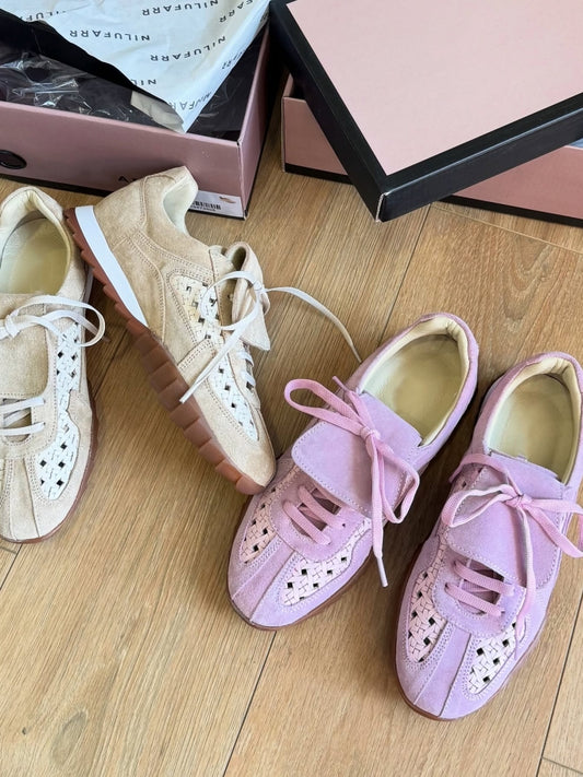 Pink Lace-Up Casual Shoes With Woven Detailing