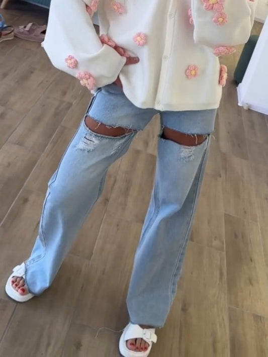 Distressed Wide-Leg Jeans
