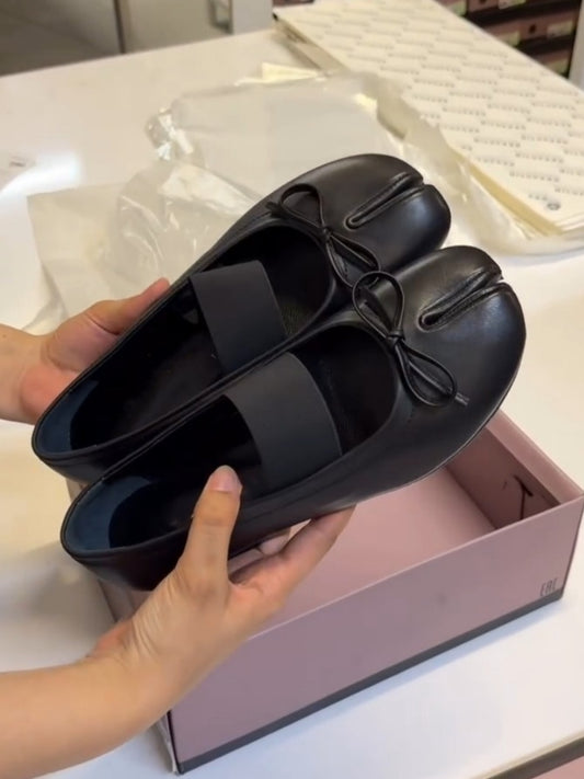 Black Leather Ballet Flats With Bow Detail