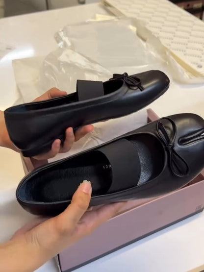 Black Leather Ballet Flats With Bow Detail