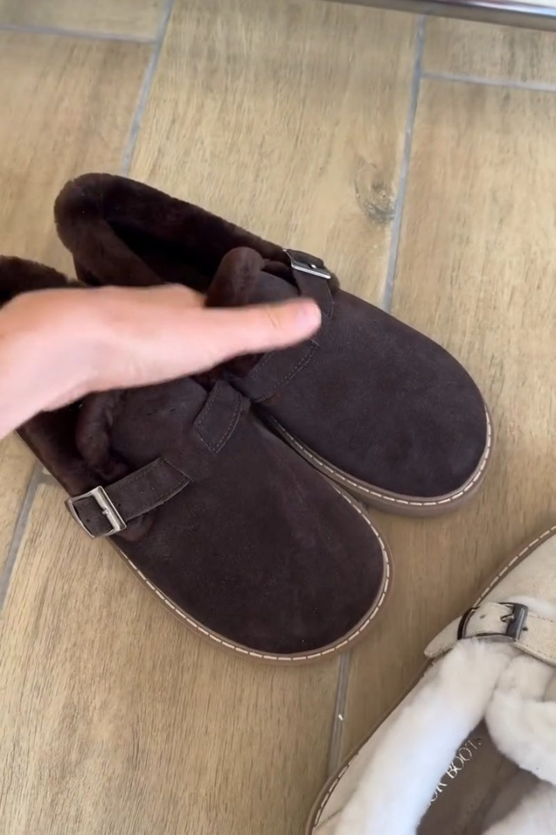 Suede Fur Lined Mules With Buckle Strap