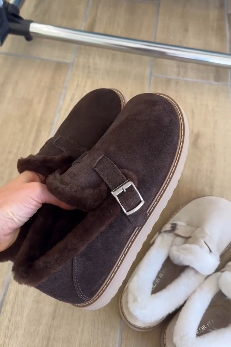 Suede Fur Lined Mules With Buckle Strap