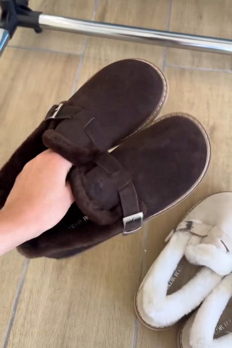 Suede Fur Lined Mules With Buckle Strap
