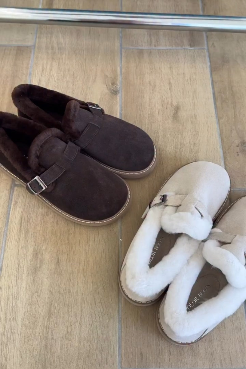 Suede Fur Lined Mules With Buckle Strap