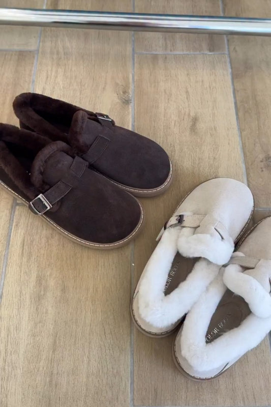 Suede Fur Lined Mules With Buckle Strap