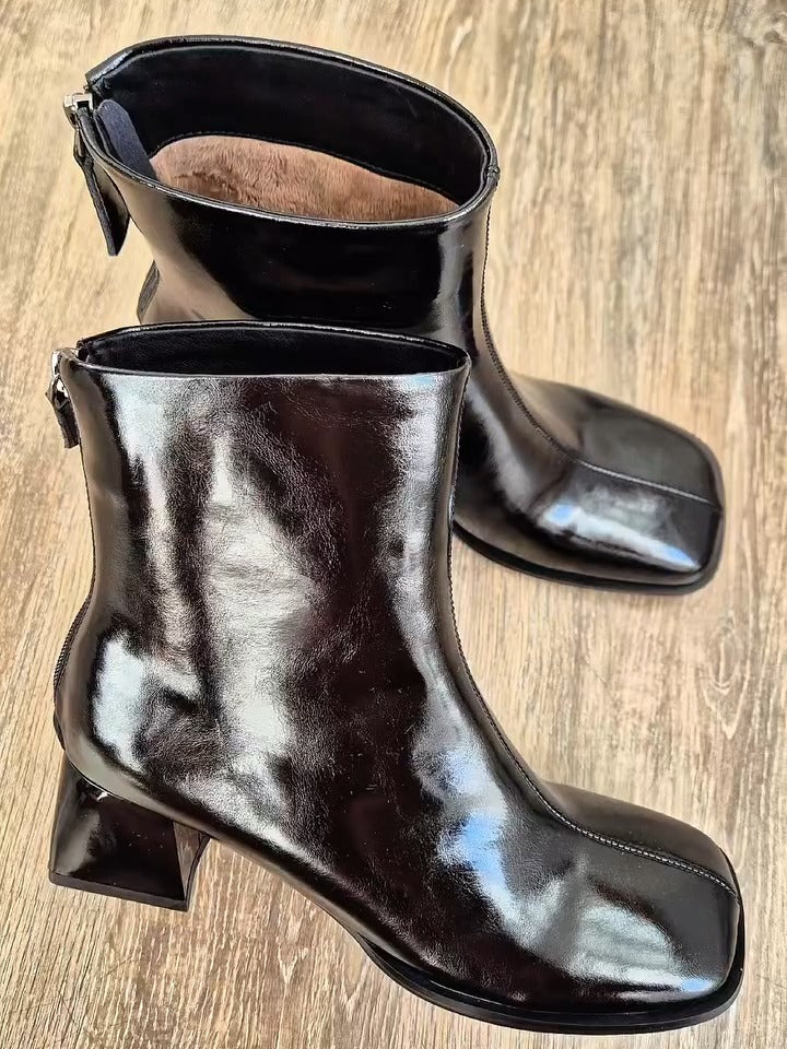 Black Patent Leather Ankle Boots