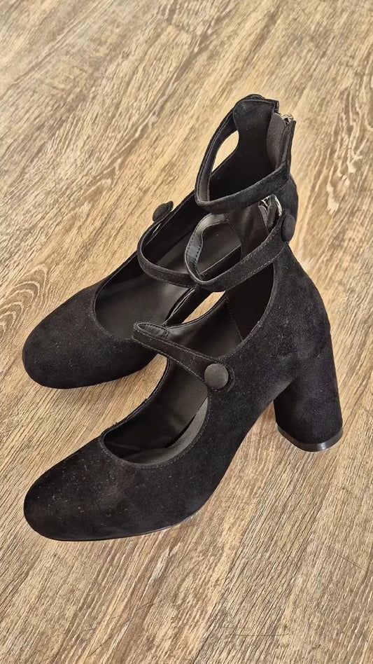 Black Suede Mary Jane Heeled Pumps