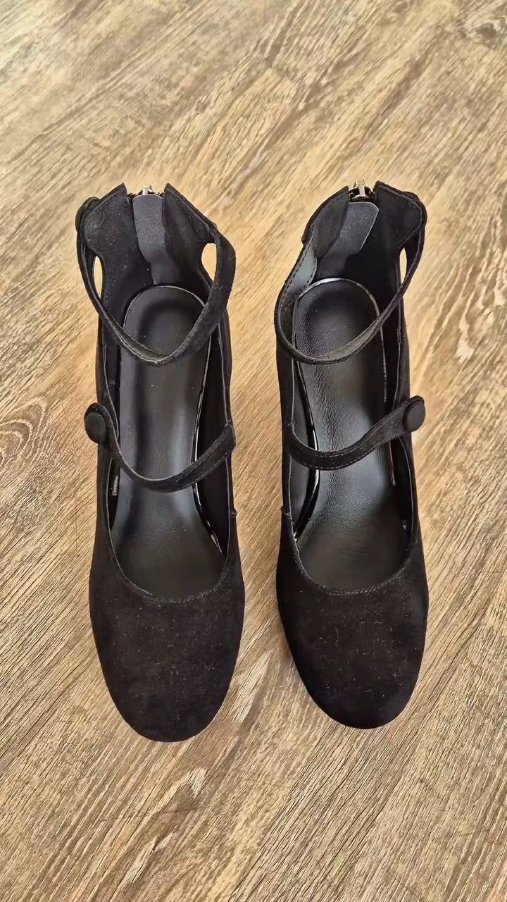 Black Suede Mary Jane Heeled Pumps