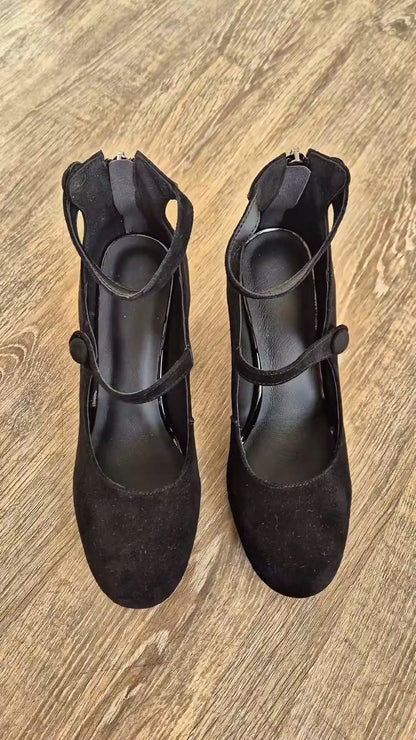 Black Suede Mary Jane Heeled Pumps