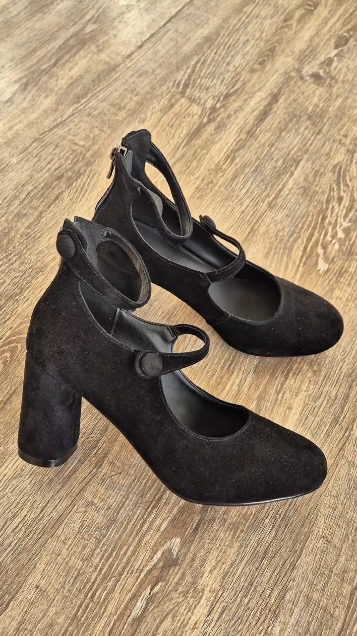 Black Suede Mary Jane Heeled Pumps
