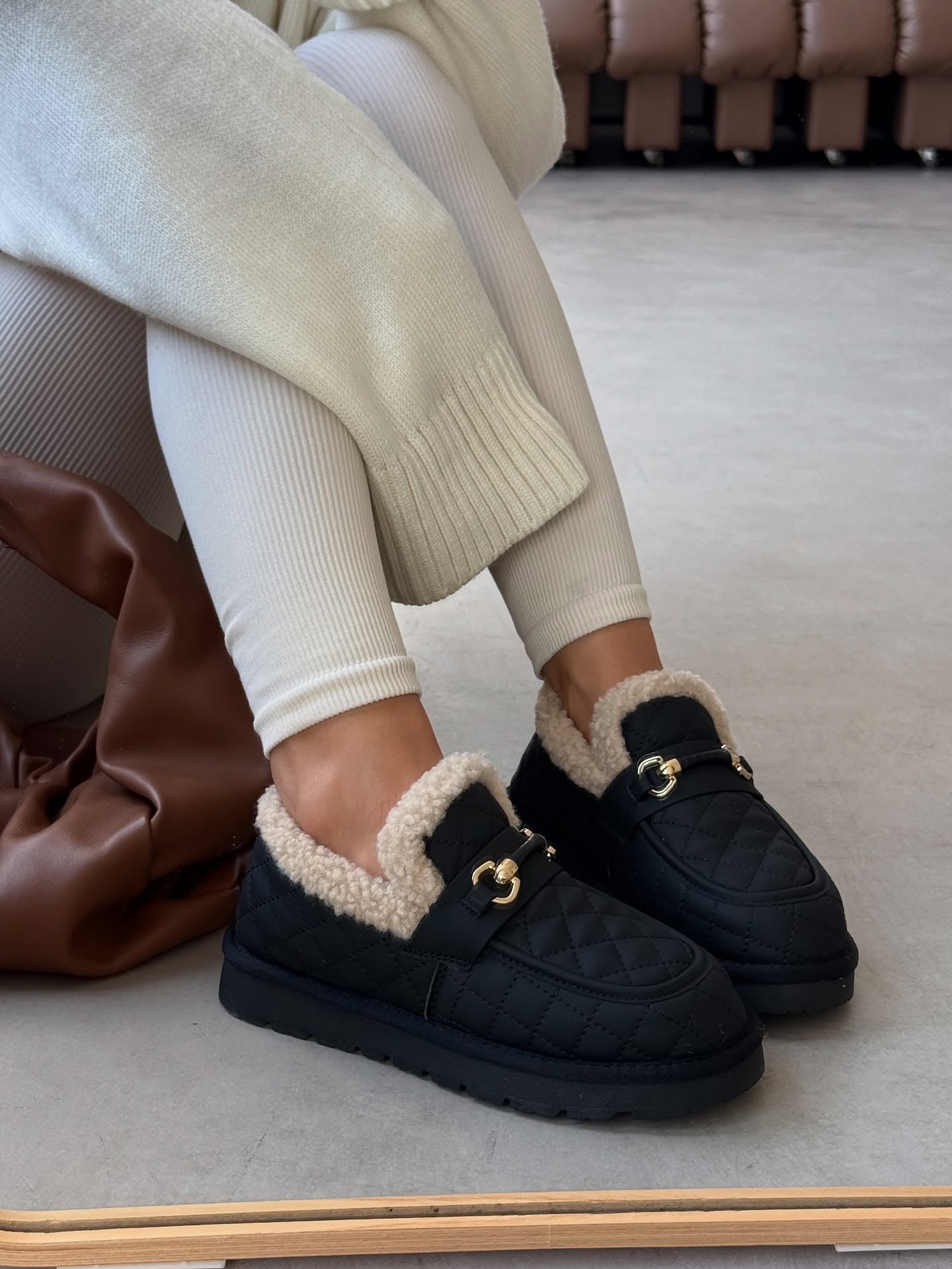 Quilted Leather Loafers With Shearling Trim