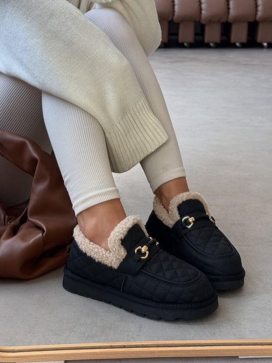 Quilted Leather Loafers With Shearling Trim