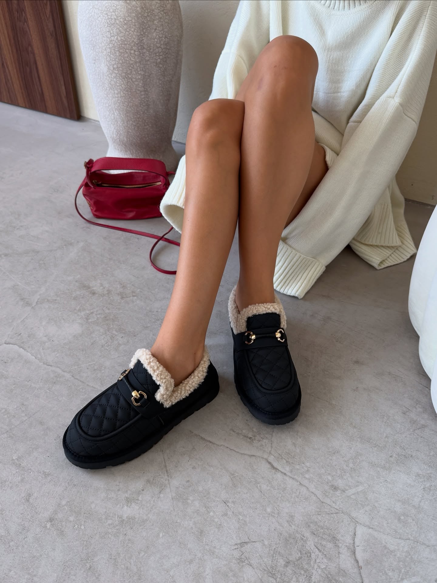 Quilted Leather Loafers With Shearling Trim