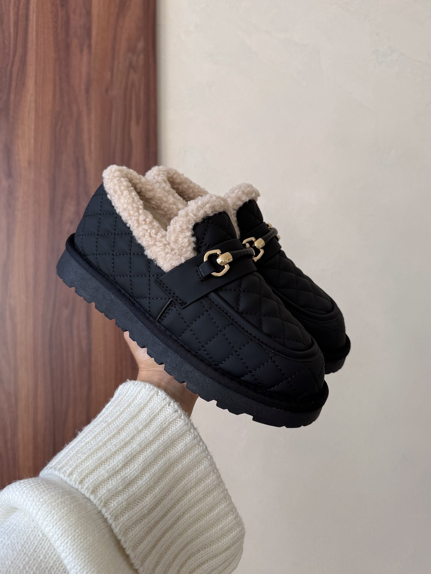 Quilted Leather Loafers With Shearling Trim