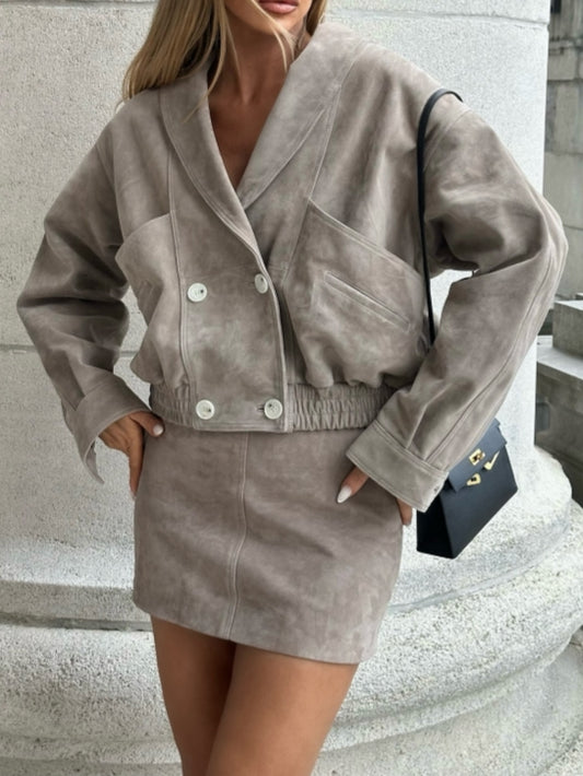 Taupe Suede Set: Cropped Jacket   Mini Skirt