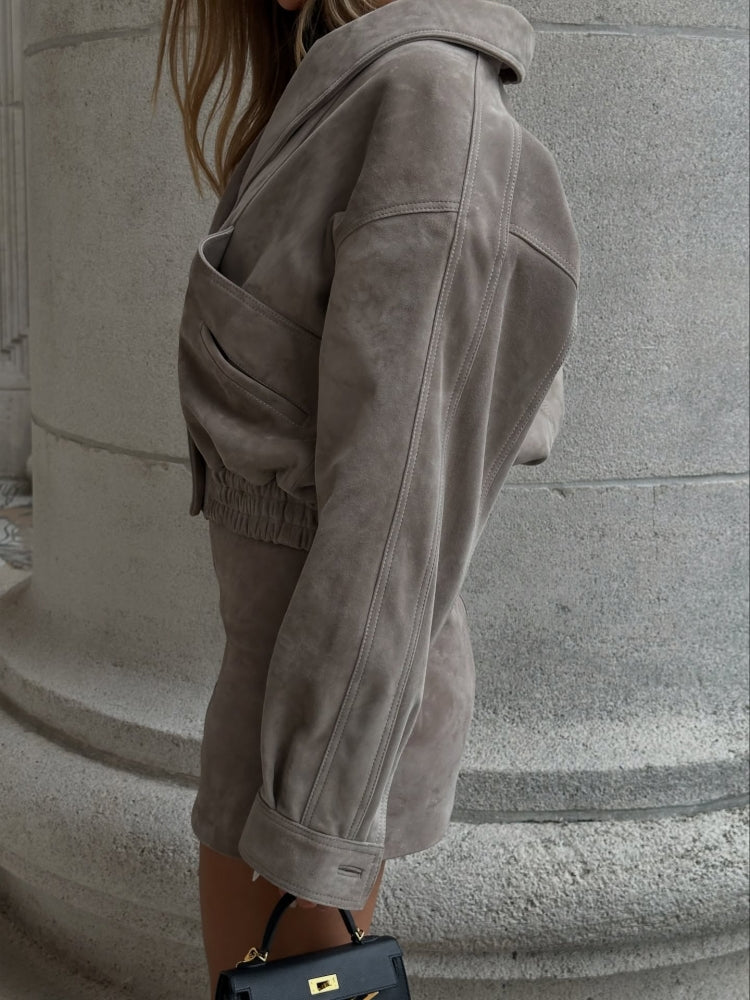Taupe Suede Set: Cropped Jacket   Mini Skirt