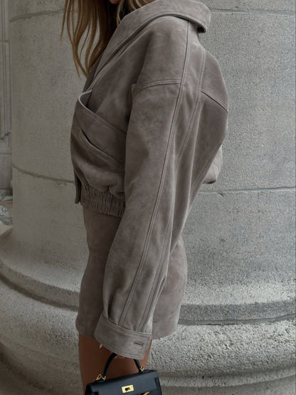Taupe Suede Set: Cropped Jacket   Mini Skirt