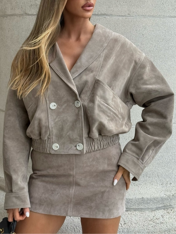 Taupe Suede Set: Cropped Jacket   Mini Skirt