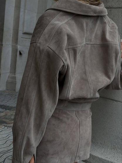 Taupe Suede Set: Cropped Jacket   Mini Skirt
