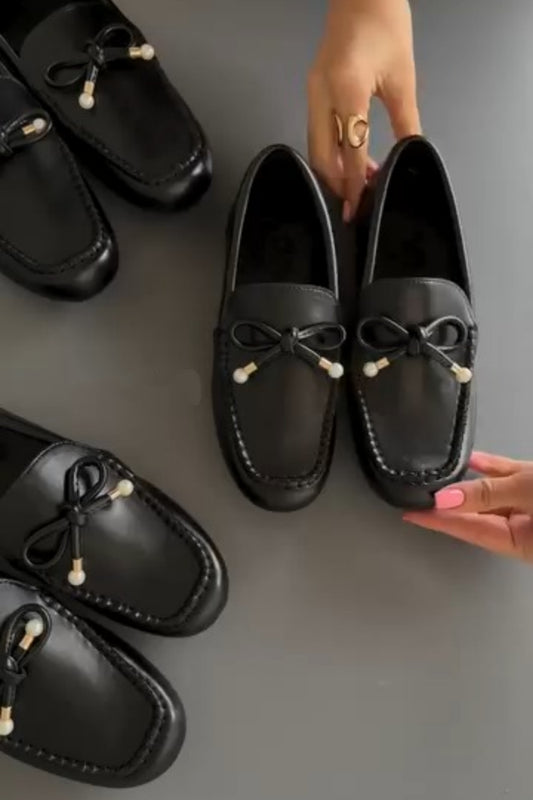 Black Leather Moccasin-Style Loafers