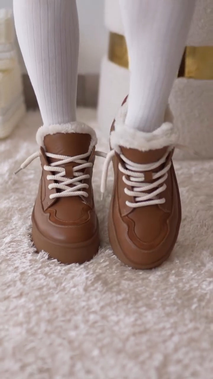 Brown Platform Sneakers With Faux Fur Trim