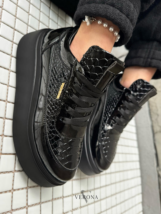 Black Patent Faux-Croc Boots With Platform Sole
