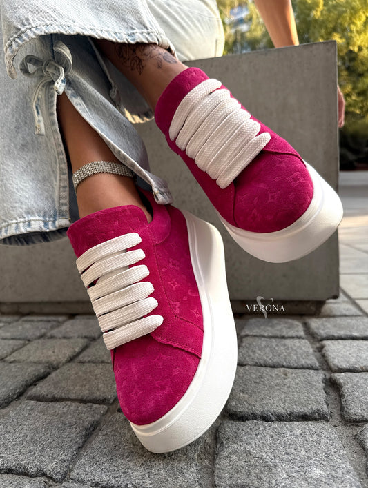 Fuchsia Velvet Platform Sneakers With Wide White Laces