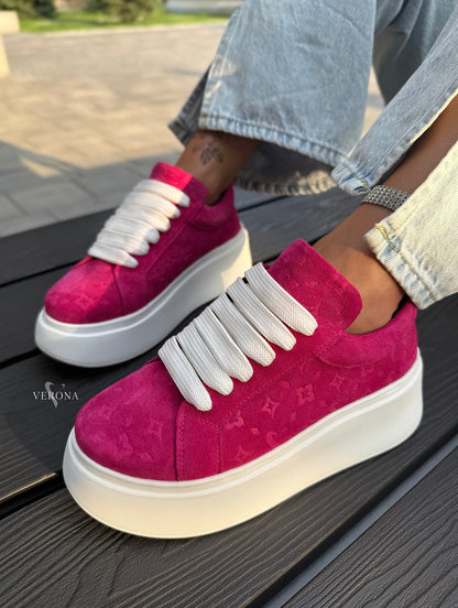 Fuchsia Velvet Platform Sneakers With Wide White Laces