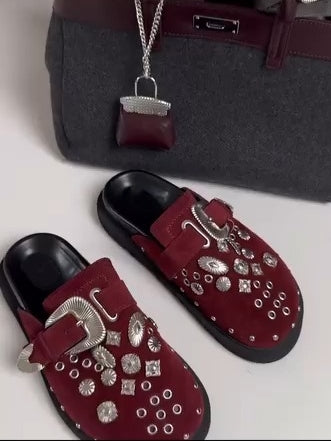 Embellished Burgundy Slip-Ons With Crystal Decor