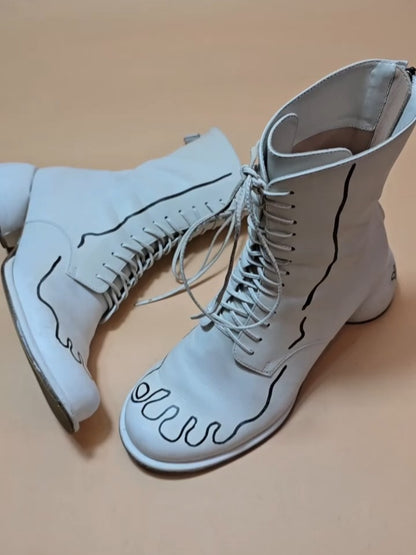White Lace-Up Combat Boots With Black Wire-Style Trim