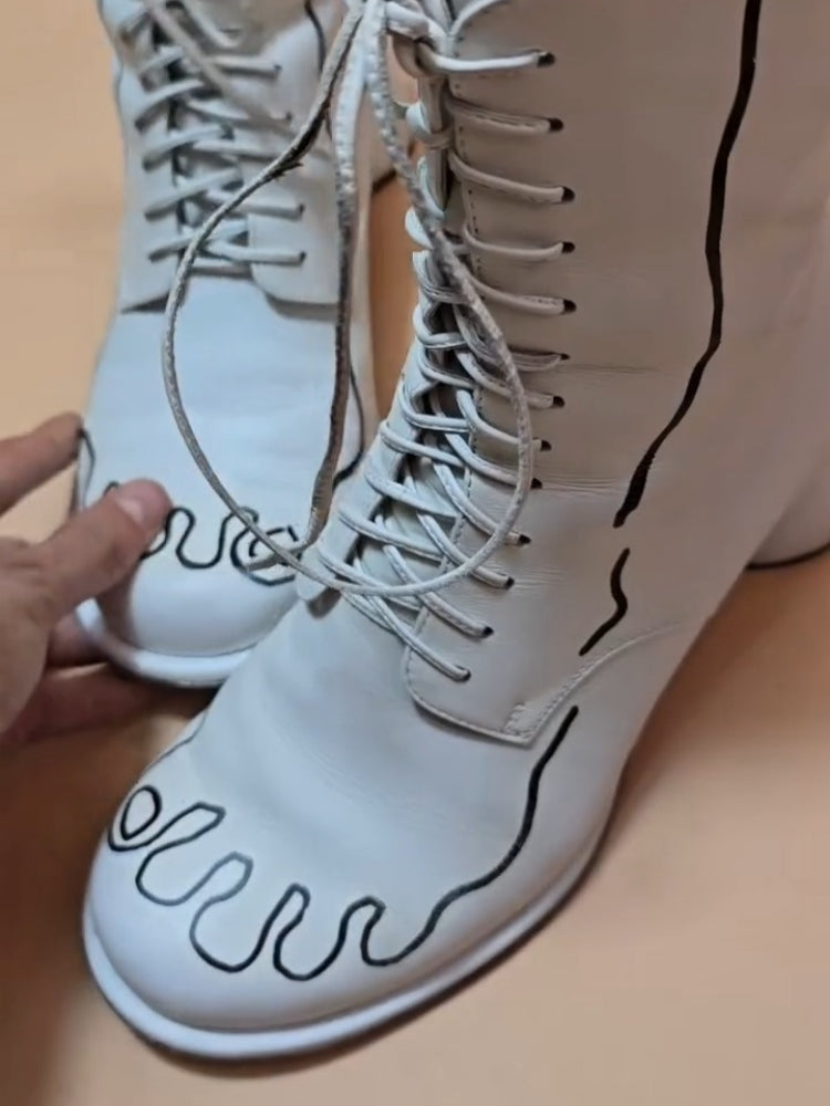 White Lace-Up Combat Boots With Black Wire-Style Trim